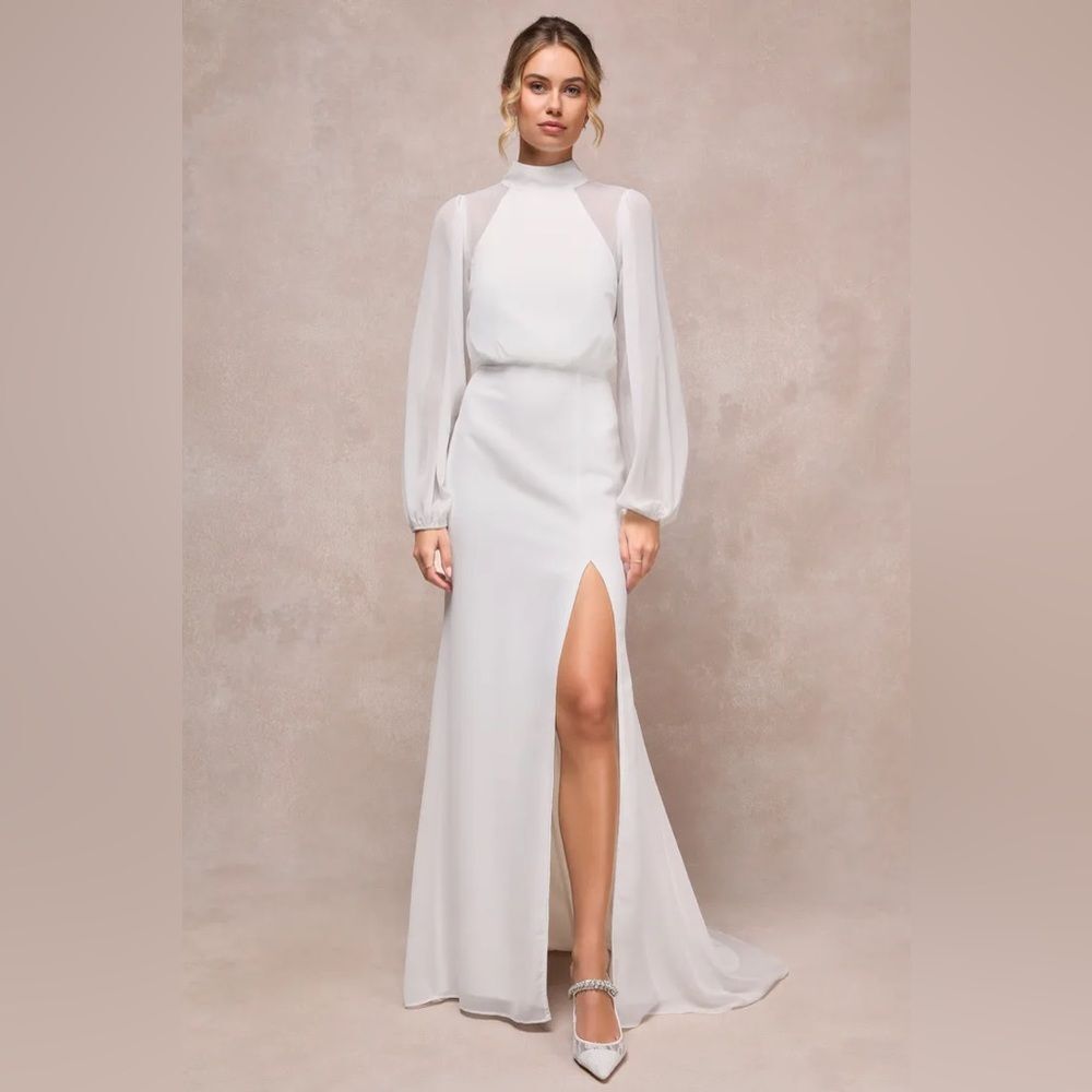 Lulus Graceful Love White Long Sleeve Backless Mermaid Maxi Dress